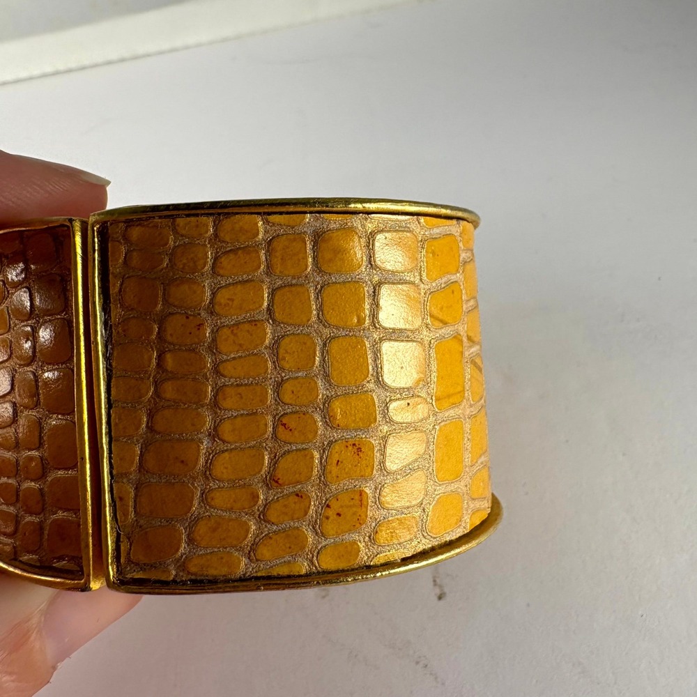 Chunky Gold Tone Wide Cuff Bracelet Crocodile Embossed Textured Hinged Clasp - Picture 2 of 4